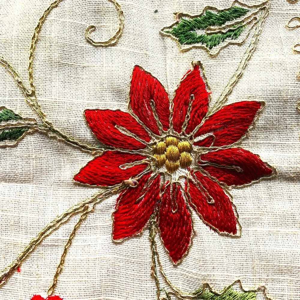 Embroidered Holiday Table Runner 90” | Gold Thread Poinsettias on Linen Blend |